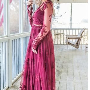 She & Sky Burgundy Lace Maxi